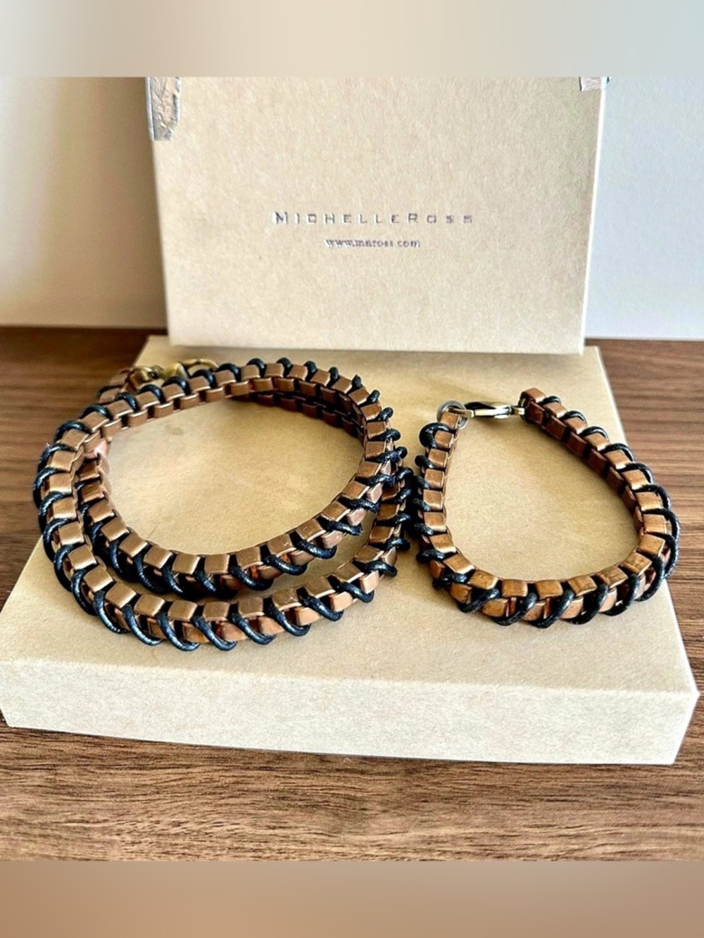 Michelle Ross Vintage Copper Chain Link & Leather Necklace & Bracelet Set